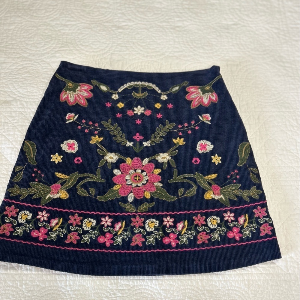 Harper Navy Mini Skirt with Pink & Olive Floral Embroidery